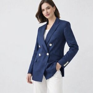 White House Black Market Linen Studio Blazer Navy Blue 14 Double Breasted Office